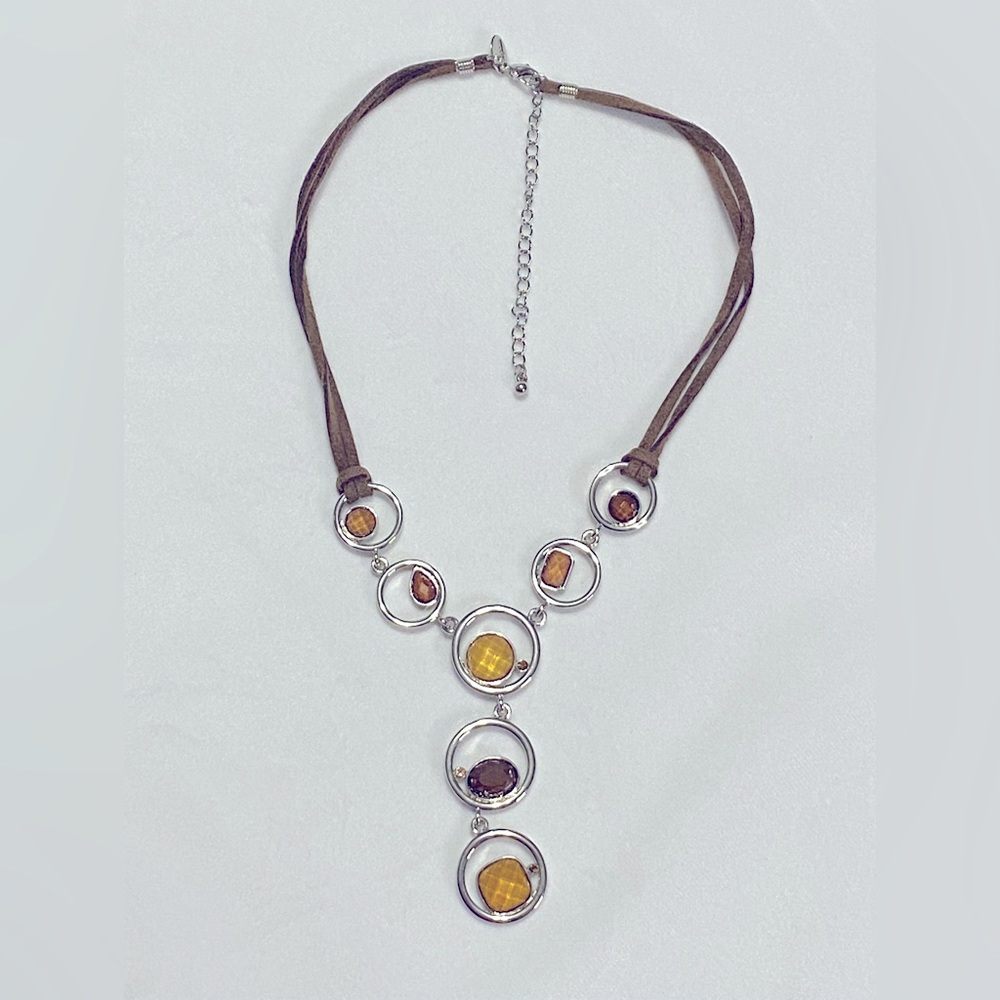 Lia Sophia Silver Y Drop Necklace with Brown Leather Cord and Faceted Gemstones